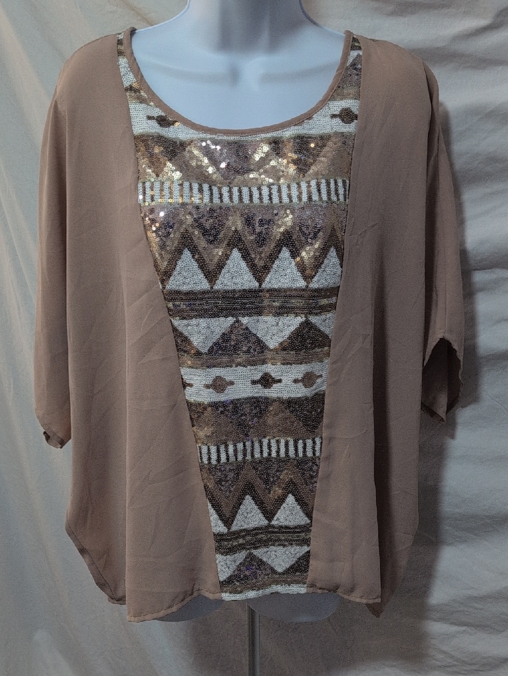 Umgee Taupe and Gold Sequin Geometric Tunic